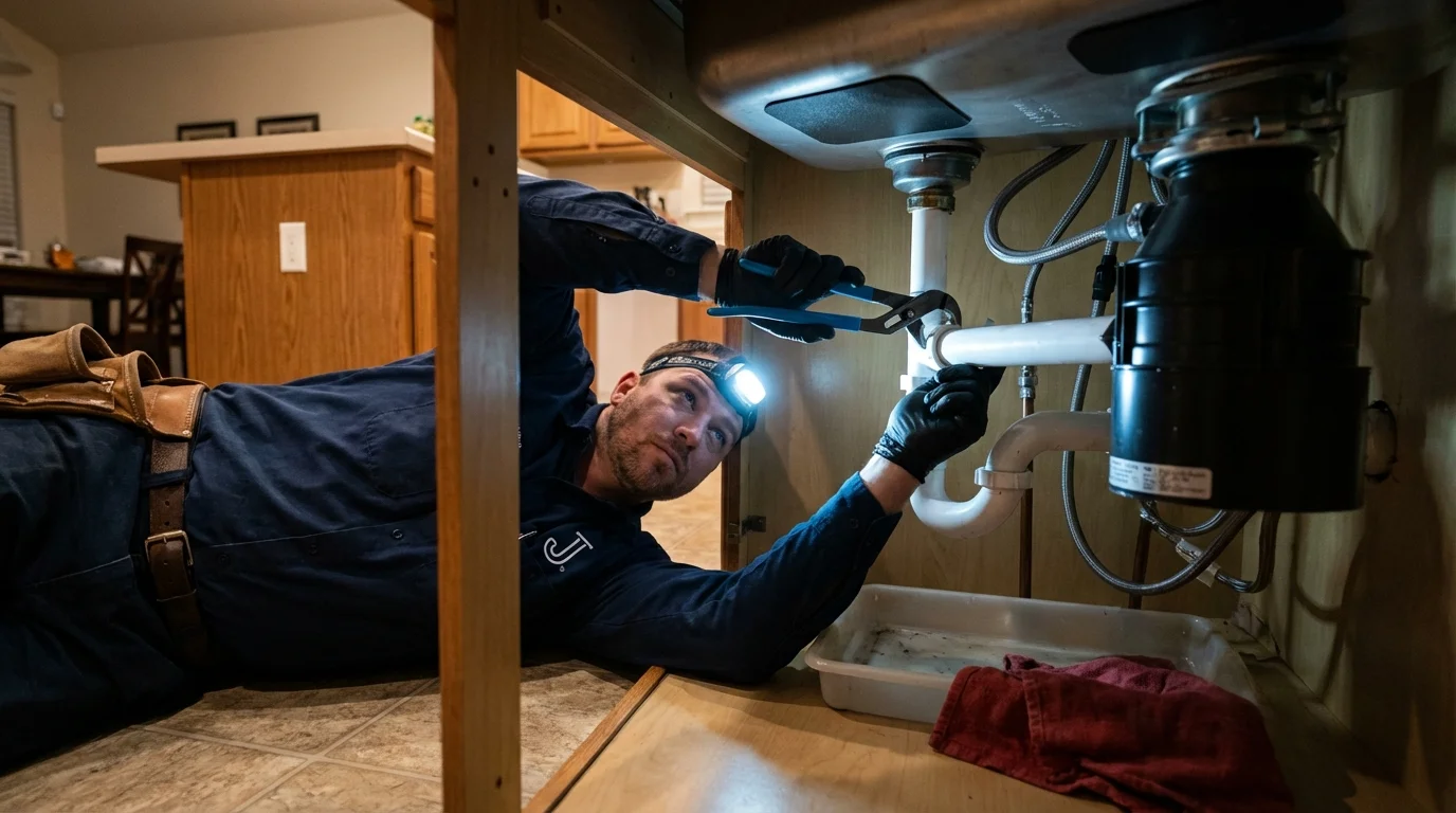 P-trap and supply line connections under a kitchen sink showing a common leak point in Mount Pleasant, SC
